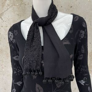 Vintage 1940’s Black Crepe Rayon Beaded Ascot/Scarf